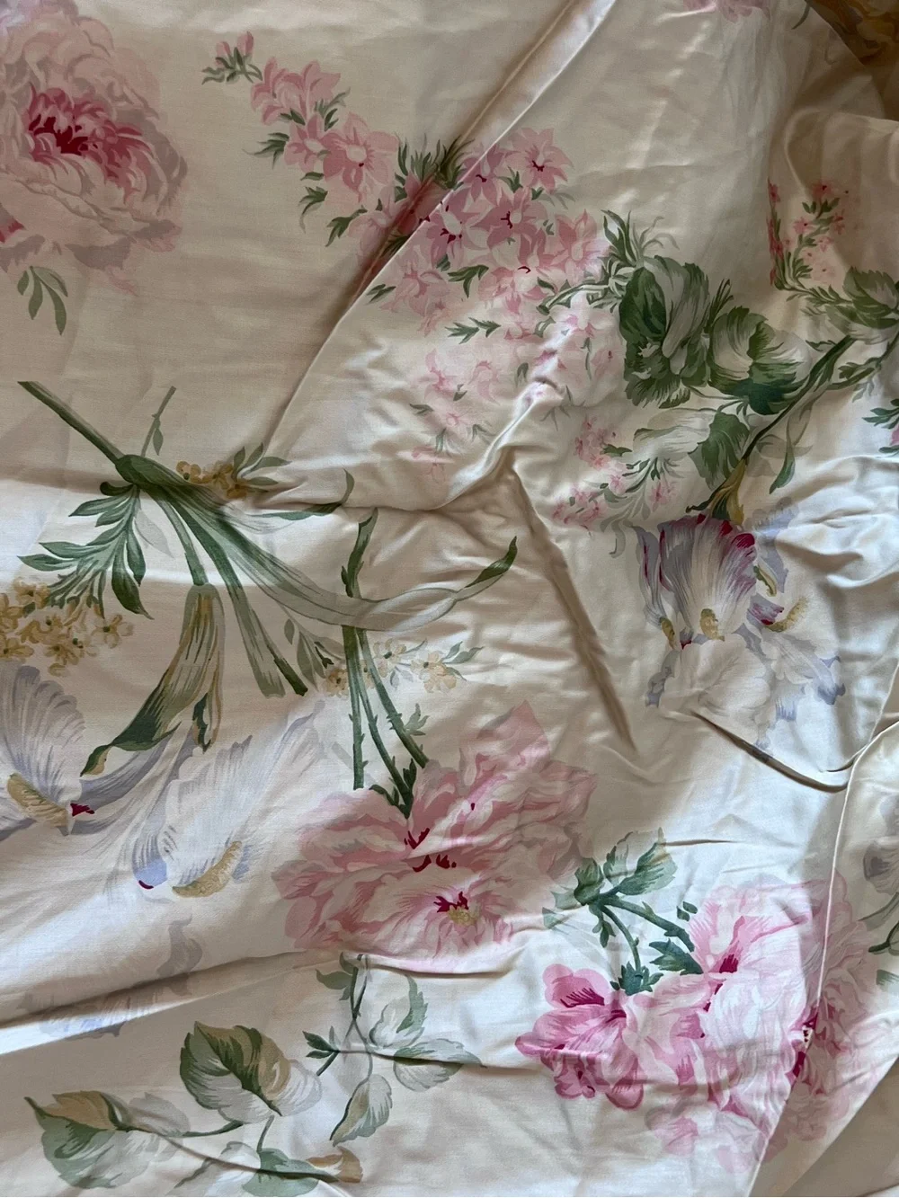 Ralph Lauren Cream Fitted Sheet with Pink Floral and Green Leaves